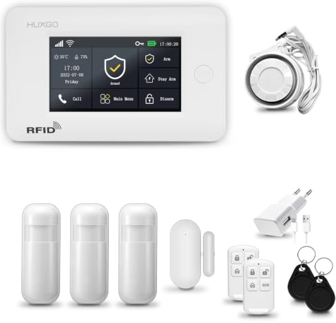 HUXGO® HXA006 Alarmanlage Haus WiFi + GSM mit Sirene | Tuya Smartlife App | Alarm System mit Drahtloser Fenstersensor, 3X Bewegungsmelder | Alarmanlage für Wohnung, Garage