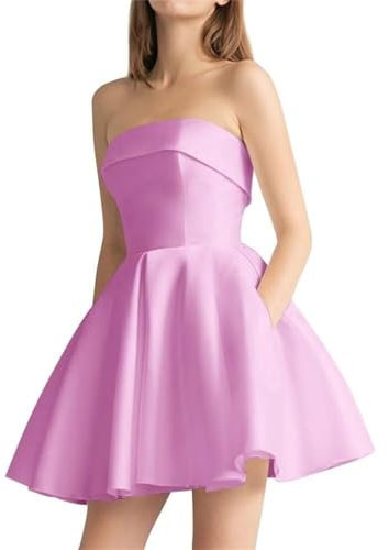 A-Line Women's Strapless Satin Cocktail Dress with Pockets Homecoming Short Prom Dress Lilac UK18