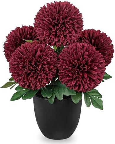 Hollyone Künstliche Chrysantheme Rot Kunstblumen im Topf, 30cm Seide Chrysantheme Blumen Kugeln Deko, Künstliche Hortensie Dekorative Blume für Büro Haus Schlafzimmer Wohnzimmer Tischdeko