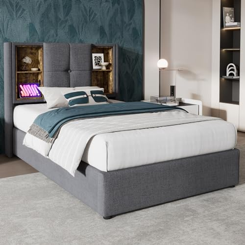 Merax Polsterbett 90x200cm mit Stauraum Kopfteil, Modern Einzelbett Bettgestell mit Kabellosem Laden USB C, Hydraulisch Stauraumbetten, Holz Lattenrost, Jugendbetten, ohne Matratze, Baumwolle, Grau