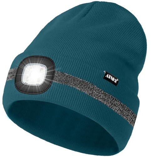 ATNKE LED Mütze mit Licht, Wiederaufladbare USB 4 LED Beleuchtete Laufmütze Extrem Heller Lampe Winter Warme Stricken Mütze mit Reflektierendem Streifen für Herren und Damen Geschenke/Olive Green