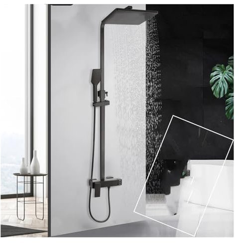 NSTVVEE Mattschwarzer Badezimmer-Duschhahn, Badewanne, an der Wand montierter Regenduschkopf, Mischbatterie mit Zwei Griffen, Kombi-Set für die Dusche, Sprinkler