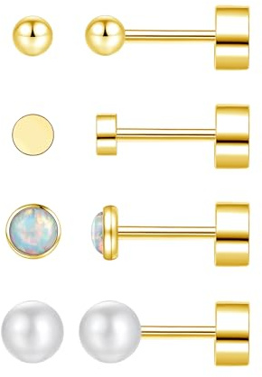 4 pairs Silver/Gold Stud Earrings for Women Girls Men, Hypoallergenic Titanium Surgical Steel Stud Earrings Set, Small Round Balls Opals and Pearls Helix Cartilage Sleeper Screw Flat Back Earrings