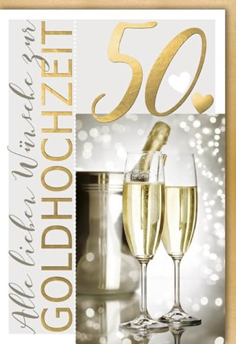 Verlag Dominique Hochzeitskarten Glückwunschkarten goldene Hochzeit Doppelkarte 50 Jahre mit Sektgläsern und Herzmotiv alle lieben Wünsche zur Goldhochzeit mit Umschlag