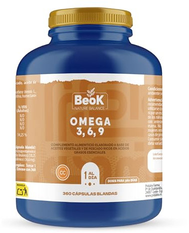 BEOK – Omega 3 6 9 – 360 Cápsulas Blandas de 720 mg – Aceites de Pescado, Lino y Onagra con Vitamina E – Ácidos Grasos Esenciales para Corazón, Cerebro y Piel – Suministro para 1 Año