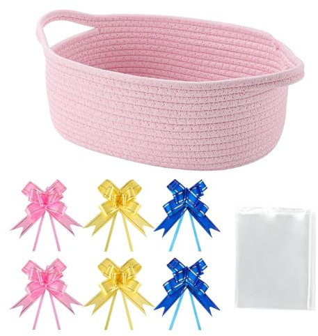 DOINEUFL Hamper Baskets for Gifts Empty, Pink Gift Basket with Gift Bags and Ribbons, Nursery Storage Basket, Cat Dog Pet Toy Storage, Home Decor, 30 x 20 x 12.5 CM