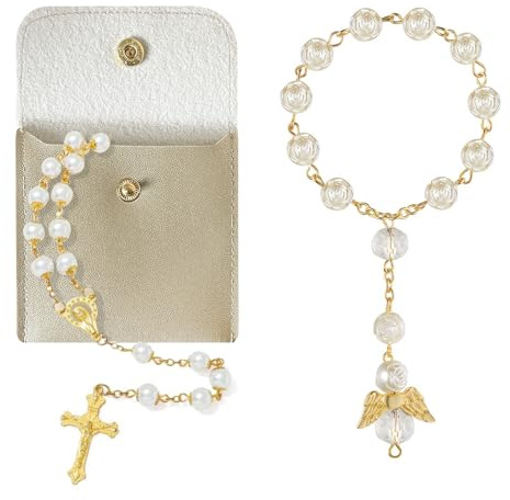 QMLING 2 Stück Rosenkranz Kette und Autorosenkranz, Rosenkranz Auto Katholisch mit Kreuz und Marienbild, Rosary mit 2 Knopfbeuteln, Gebetskette Christlich für Gebete Geschenke (Gold)