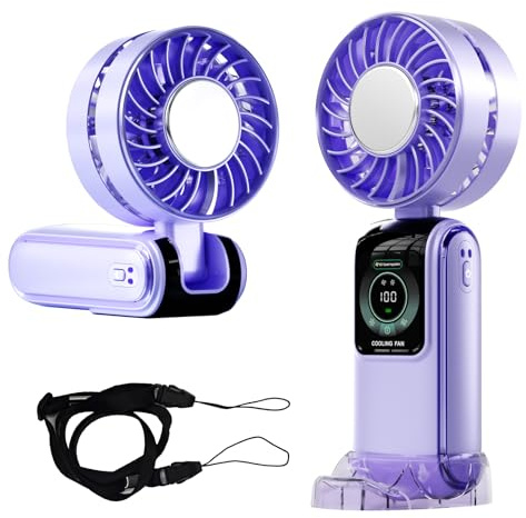 GZEduld Fantasy Purple Portable Handheld Fan with Stand & Lanyard, 5000mAh USB-C Rechargeable Battery, 12H Runtime 5-Speed LED Display Mini Fan for Outdoor Travel Beach Concerts