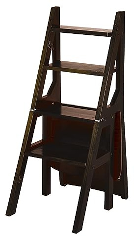 Wooden Folding Library Ladder Chair, 4 Tier Step Ladder, Convertible Multi-Functional 3-in-1 Wood Display Stand and Flower Stand, for Office Home K (Black)