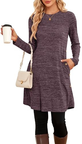 NARRAME Vestidos Tipo Jersey de Invierno para Mujer, Vestido Tipo túnica Lateral con Botones Informales de Manga Larga y Bolsillos, Cuadros medianos, Liso Morado