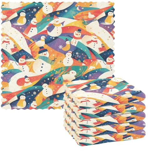 FRODOTGV Strofinacci lavabili per la pulizia della cucina, 6 pezzi stracci per lavare i piatti per il bagno, bianco e nero pupazzo di neve natalizio, 28 x 28 cm