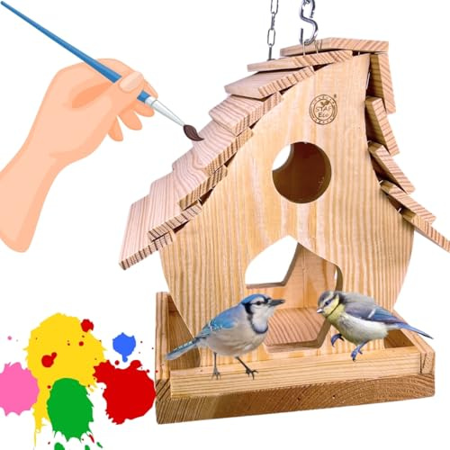 STAFECO Vogelfutterhaus Vogelhaus Bausatz zum bemalen aus naturbelassenem Holz zum Selbstbemalen kreatives Set für Kinder stabile Schraubenkonstruktion mit Aufhängekette Bastelset (zum aufhängen)