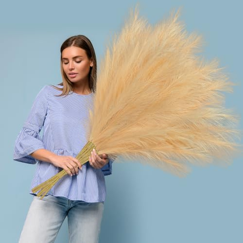 BlueCloudy 4 Stems Pampas Grass 120cm Large Artificial Plants Tall Fake Feathers for Floor Standing Vases Indoor Boho Home Decor for Living Room Wedding Decorative Accessories