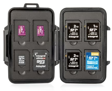 Integral Estuche para tarjetas de memoria de 16 ranuras: organizador SDXC/SDHC para 8 tarjetas SD y 8 Micro SD, caja antiestática a prueba de golpes, con sellado a prueba de polvo, portátil y duradera