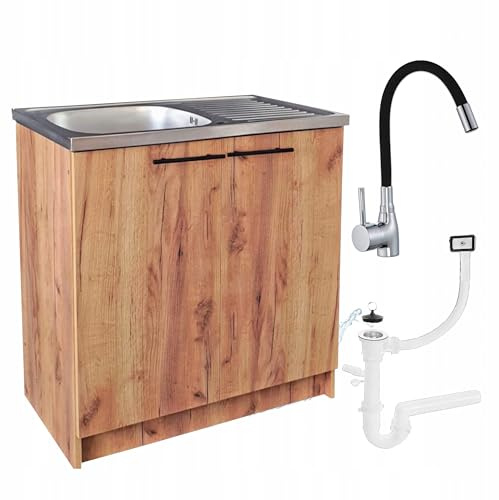 Spülenschrank Küchenschrank 80cm Eiche Gold Spüle Abtropf Armatur Schwarz Elastisch Standschrank 46cm Tiefe Siphon Geschirrspüler Komplett XXL Set