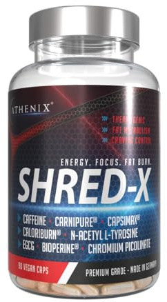 Athenix® SHRED-X – Advanced Thermogenic Fat Burn Catalyst | Caffeine, EGCG, Capsimax®, CaloriBurn®, N-Acetyl-L-Tyrosine & Carnipure® | Boost Metabolism, Energy & Focus | Vegan Certified, Premium Grade