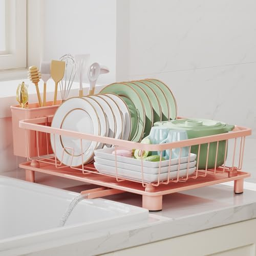 Nfnoyp Dish Drainer Rack - Space-Saving Dish Rack,Dish Racks for Kitchen Counter with Drip Tray,Multi-Functional Dish Drying Rack with Utensil Holder,Pink