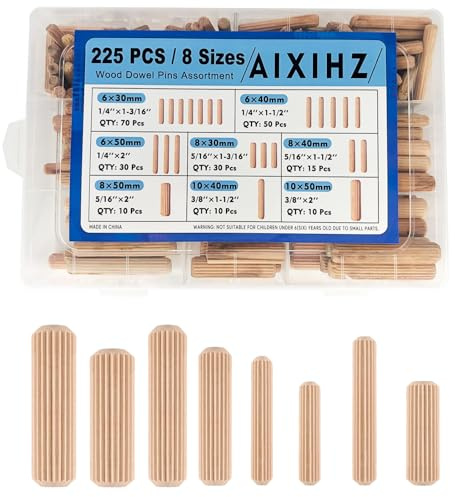 225 Stück Holzdübel Set Holzdübel 8MM 6MM 10MM Holzstopfen Dübelstangen geriffelte Holzdübel Stäbe Holznadeln konisch und gerippt Holzübelstifte für Möbel Holzbearbeitung Basteln Heimwerken