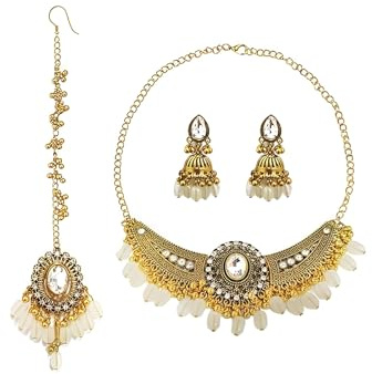 IMINI Set di gioielli tradizionali Kundan, collana, orecchini Jhumka e Maang Tikka – Accessori completi da sposa e matrimonio per donne, feste etniche e festival, Medium, Metallo, Zirconia cubica