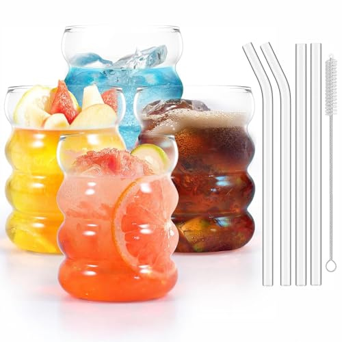 ZkateTrade 4 Stück Gerippte Trinkgläser mit Glasstrohhalmen, 350ml Bubble Gläser, Gerippte Eiskaffeegläser, Wave Gläser Tumbler, Wassergläser mit Pinsel für Cocktail, Wasser, Soda