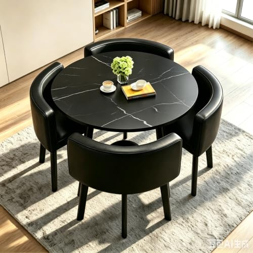 AMZSEW Runder Esstisch mit 4 Stühlen Esszimmer Set für 4 Personen Kleiner Essgruppe für Küche - Esszimmer - Wohnzimmer und Büro Platzsparend