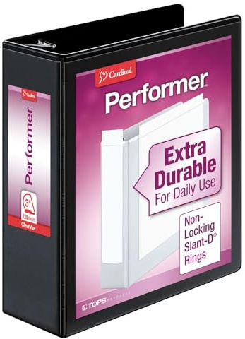 Cardinal Performer 3-Ring Binder, 3, Non-Locking Slant-D Rings, 725-Sheet Capacity, ClearVue Presentation Binder, Nonstick, PVC-Free, Black (17601)