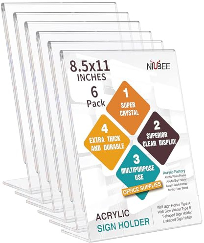 NIUBEE 6Pack 8.5x11 Acrylic Sign Holder with Vertical Slanted Back, Clear Plastic Sign Stand Frames, Flyer Document Paper Display Stand for Office Desktop