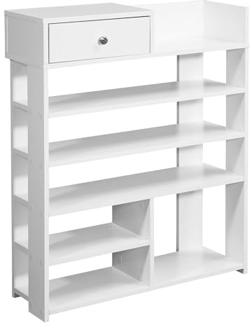 FineBuy Schuhregal 75x24x92,5 cm Weiß mit Schublade, 7 Fächer | hohes Flurregal mit sieben offenen Fächern, Standregal für Schuhe in allen Formen, Schuhablage Diele