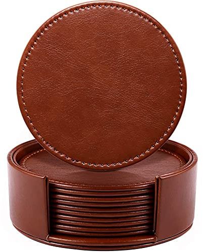 LAMOTI Lot de 6 Dessous de Verre en Cuir pour Boissons, 10,2 cm avec Support pour Protection de Table, Fait à la Main, décoration d'intérieur Luxueuse et Cadeau de Pendaison de crémaillère (Marron)