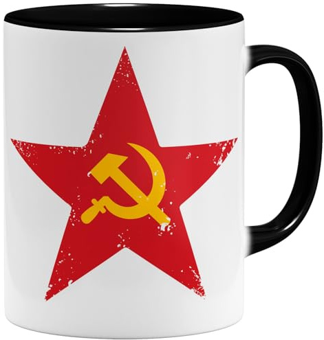 OM3® Tazza in ceramica con stella sovietica con martello e falce da 325 ml, stampa su entrambi i lati, colore: nero