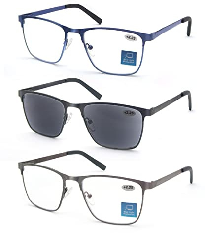 MODFANS Confezione da 3 Occhiali da Lettura per Uomo,Occhiali Vista Anti Luce Blu,In Metallo Acciaio Inox,Leggera,Visione Chiara,con Custodia Nero Grigio Blu