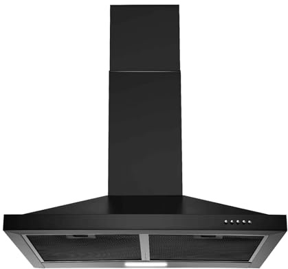 SNDOAS 24 inch Range Hood Black,Stainless Steel Chimney-Style Kitchen Hood, Ductless Stove Hood Vent with Energy Saving LED Light,Wall Mount Vent Hood, Push Button 3-Speed Exhaust Fan