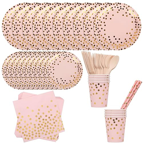 Trimming Shop Lot de 80 Fournitures de Fête Rose et Or à Pois Dorés - Assiettes, Tasses, Pailles, Serviettes, Fourchettes, Cuillères pour Anniversaire, Mariage