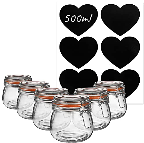 Argon Tableware Glass Storage Jars with Labels - Vintage Food Preserving Container - Clip Lid - 500ml - Orange, White, Clear & Black Seals - Pack of 6