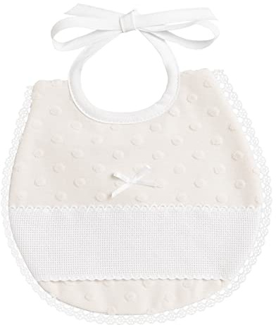 Filet - Lätzchen oval aus weichem Stoff mit 3D-Effekt mit Aida-Einsatz zum Sticken, mit Spitze eingefasst, Verschluss mit Schnürsenkeln, ideal für Babys, hergestellt in Italien, Farbe Beige
