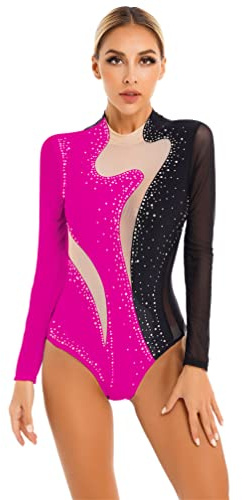 TiaoBug Donna Balletto Body da Danza Classica Moderna Abito da Ginnastica Pattinaggio Artistico Tank Leotard con Strass Costumi di Danza Jazz Samba Ballo Latino Jumpsuit Nero&Rosa M