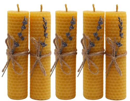5er Set Handgerollte Bienenwachs Kerzen mit Lavendel - Natürliche und Nachhaltige Stumpenkerzen aus reinem Bienenwachs