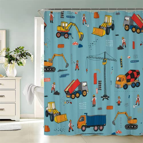 SK-YBB Duschvorhänge 180x200 Traktor Bagger Badewanne Vorhang aus Polyester Waschbar Duschvorhänge Badezimmervorhang Blau Blickdicht Wasserdicht mit 12 Ringe