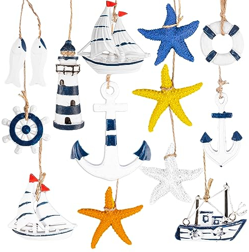 Bubuny 14 PCS Kit di Decorazione Nautica, Ornamenti da Appendere a Tema Oceanico Stelle Marine in Resin Conchiglie Barca Ancora Faro Elmo con Foro Corda, Ciondolo marittimo decorazione nautica