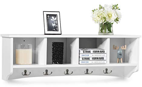 Multigot Wall Mounted Coat Rack, Wooden Floating Wall Coat Hanger with 4 Storage Compartments and 5 Metal Hooks, Hanging Storage Display Cabinet for Hallway, Entryway, Living Room (White)