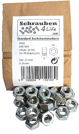 Sechskantmutter Edelstahl Plastikfreiverpackt Schrauben4Life - A2-70, DIN934 Edelstahl, Muttern für Industrie, Garten und Haus (25, M10)