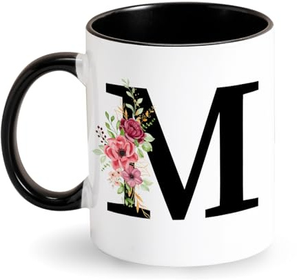 Personalisierte Initiale KaffeeTasse - Buchstabe Keramik Tasse - Schwarz Tasse mit Blumen Alphabet Geschenke für Frauen Freundin Ehefrau Mama Oma zum Dankeschön Geburtstag Valentinstag Muttertag (M)