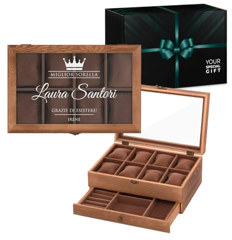 Maverton Uhrenbox mit Gravur - braune Uhren Aufbewahrungsbox für 8 Uhren mit Glasdeckel und Schublade für Schmuck - funktionale Schmuckschatulle für Frauen und Paar - 30x20x12,5cm - Krone