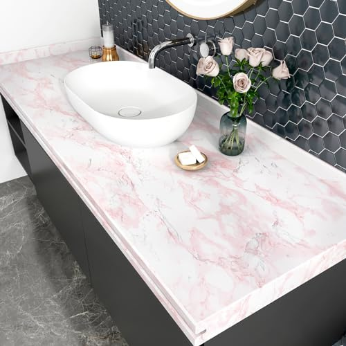 HotDecor Papel Pintado Autoadhesivo de Mármol Rosa y Blanco Vinilo Adhesivo Muebles Encimera Cocina Papel Tapiz Autoadhesivo Rosa Para Dormitorio Papel Vinilo Adhesivo Cocina Armario 60cm x 300cm