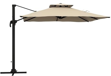 Outsunny Sombrilla de Jardín 300x300 cm Parasol de Aluminio con Manivela Poste Giratorio 360° Doble Techo Inclinable en 6 Posiciones y Base Cruzada Incluida Caqui