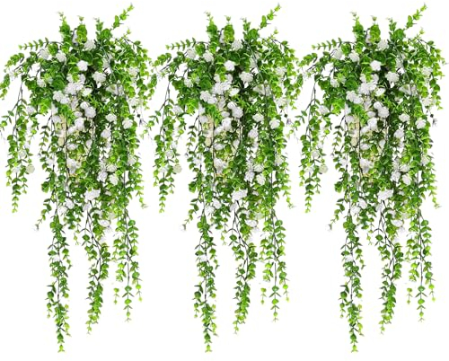 Yhuasia 3 Piezas Flores Artificiales Colgantes, Cesta Colgante Flor Artificial, Plantas Artificiales Colgantes, Colgante Flores de Simulación (Blanco)