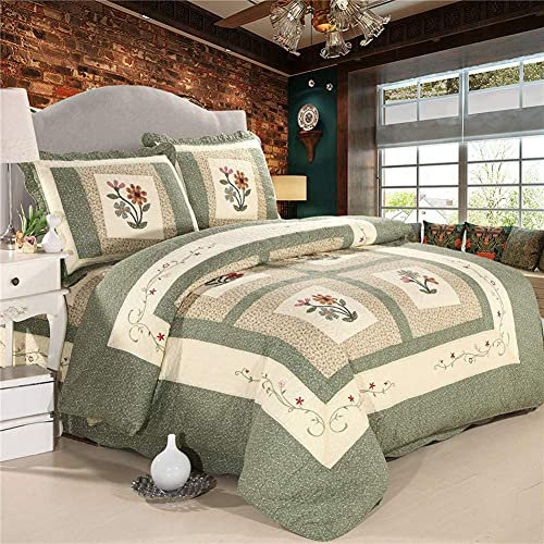 SETSCZY Bestickte Tagesdecke aus Baumwolle Blumen 3-teiliges Kingsize-Set aus weicher Steppdecke Patchwork-Tagesdecke Bettdecke mit 2 Kissentüchern 230X250cm (Grün)