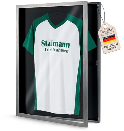 Stallmann Design Trikotrahmen 'Easy Click & Fill' mit Tür | Rahmen-Farbe: Stahl | Hintergrund: Schwarz | Größe: 70 x 90 cm | hochwertige und leicht zu befüllende Vitrine für Trikots