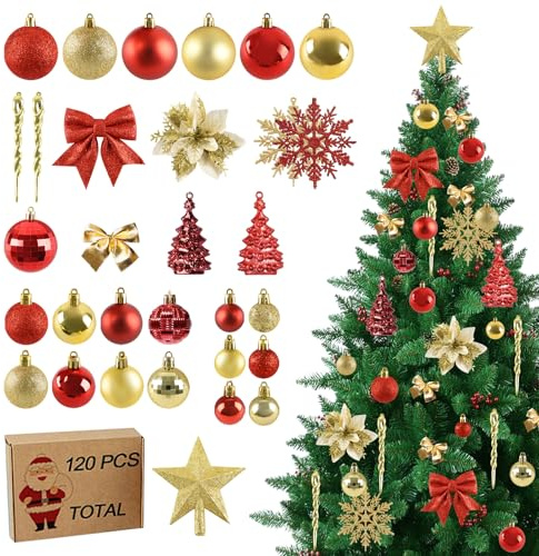Joyblossom 120 Stück Weihnachtskugeln Set, Weihnachtskugeln Kunststoff mit Baumspitze Stern, Christbaumkugeln Rot Gold mit Aufhängen, Mehrweg Christbaumschmuck für Drinnen und Draußen
