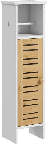 HOMCOM Columna de Baño Moderna Mueble Auxiliar de Baño con Portarrollos de Papel Estantes Ajustable y Puerta de Bambú Anti-vuelco 21x17x78 cm Blanco y Natural